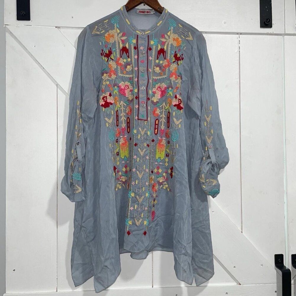 Johnny Was Tunic Womens XS Long Sleeve Blouse Top Button Up Embroidered Boho Art